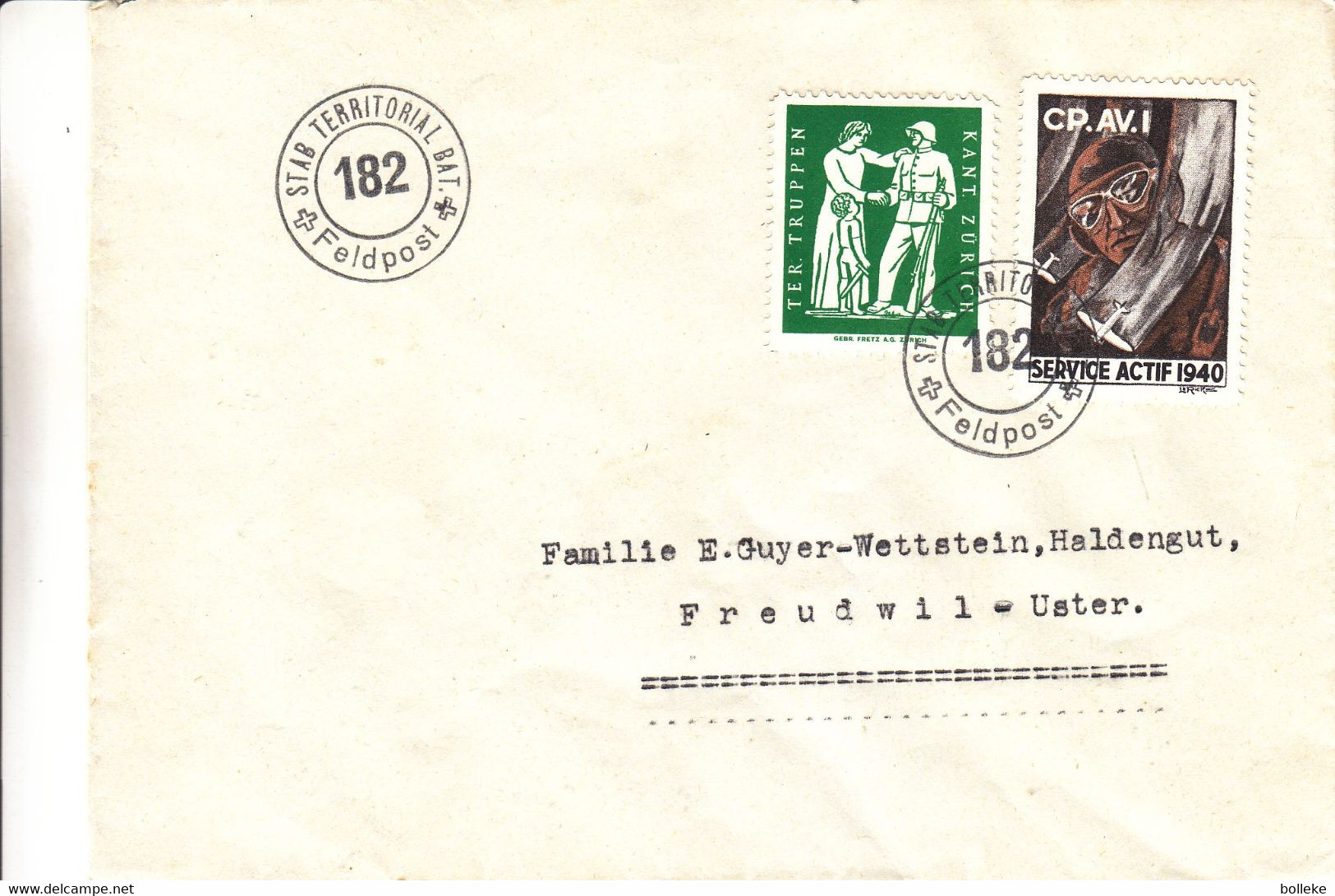 Suisse - Lettre Militaire De 1940 - Oblit Feldpost Stab Territorial Bat - Exp Vers Freudwill - Avec 2 Timbres - Aviateur - Autres & Non Classés