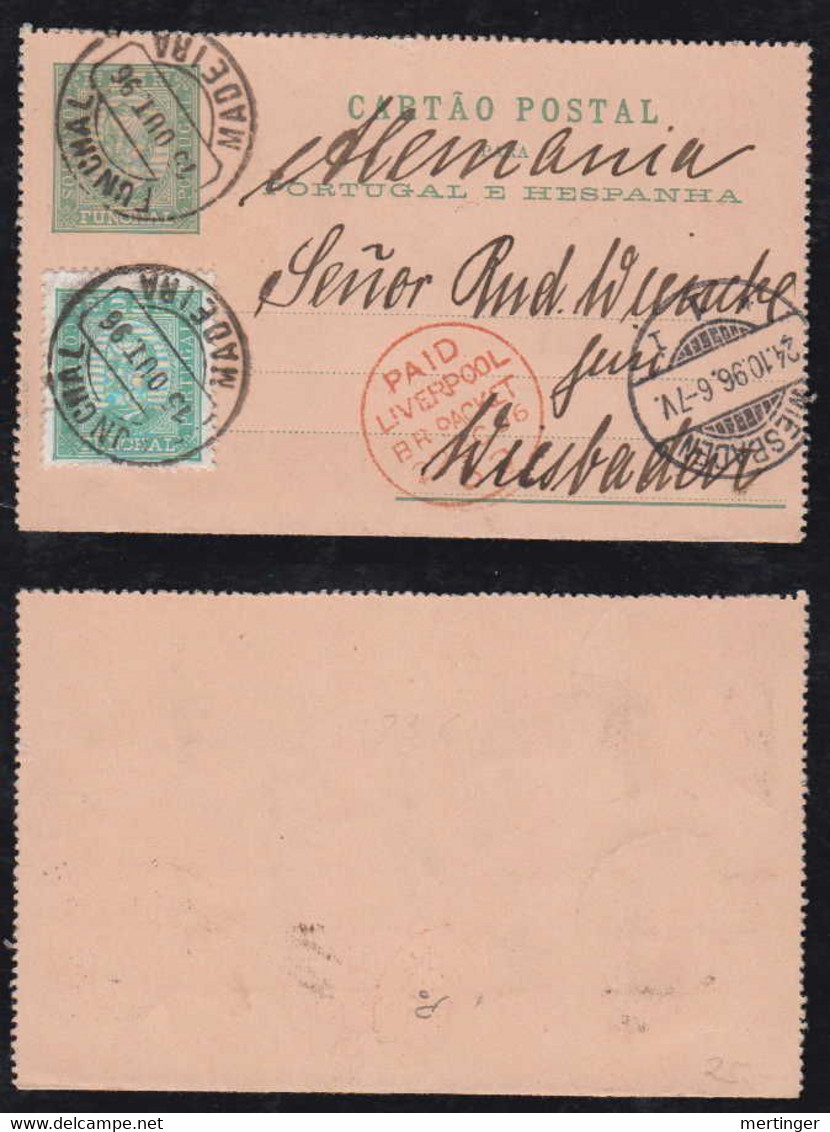 Portugal FUNCHAL 1896 Uprated Stationery Lettercard MADEIRA To WIESBADEN Germany Via LIVERPOOL - Funchal