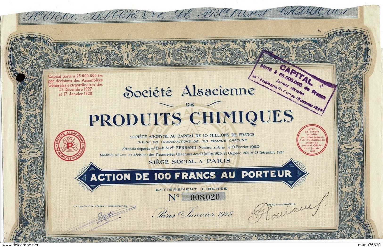 SOCIETE ALSACIENNE DE PRODUITS CHIMIQUES -action De 100 Francs Au Porteur - N°008020 - S - V