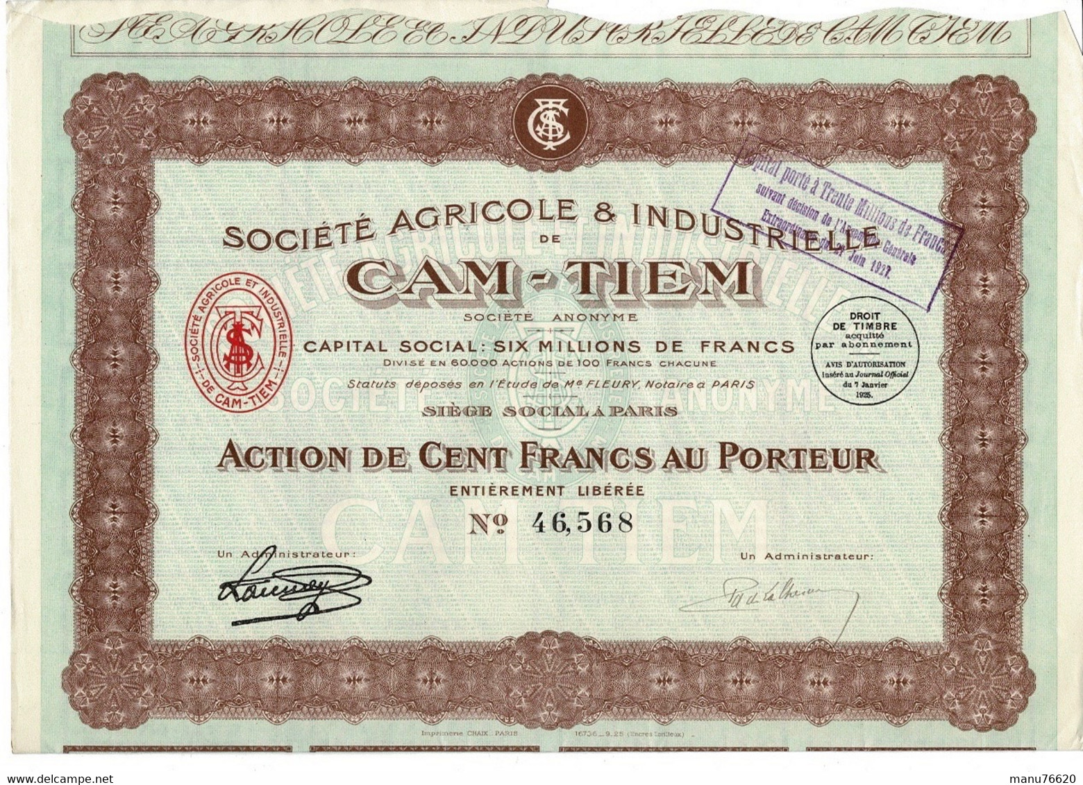 SOCIETE AGRICOLE & INDUSTRIELLE DE CAM-TIEM - Action De Cent Francs Au Porteur N° 46568 - S - V