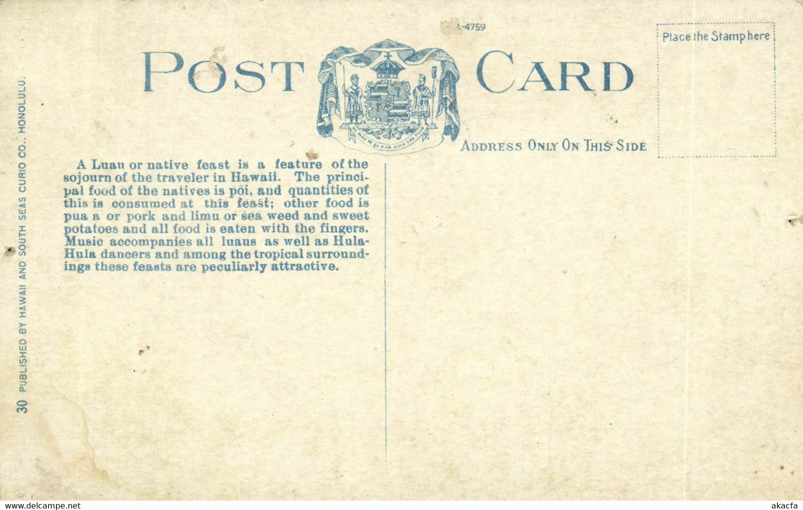 PC CPA US, HAWAII, A NATIVE FEAST OR LUAU, Vintage Postcard (b21272) - Big Island Of Hawaii