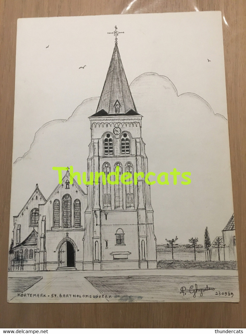 ORIGINELE GROTE TEKENING DOOR PAUL GHYSELEN GHIJSELEN 1989 KORTEMARK ST BARTHOLOMEUSKERK - Dessins