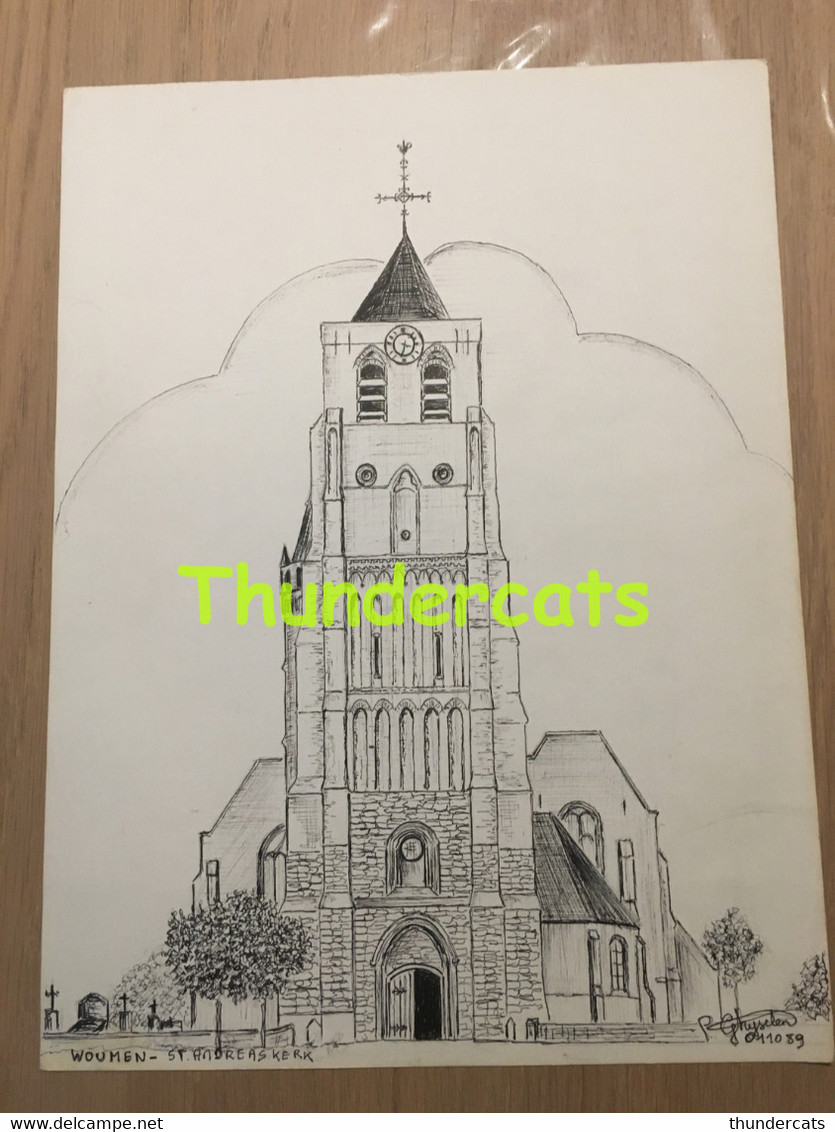 ORIGINELE GROTE TEKENING DOOR PAUL GHYSELEN GHIJSELEN 1989 WOUMEN ST ANDREASKERK - Dessins