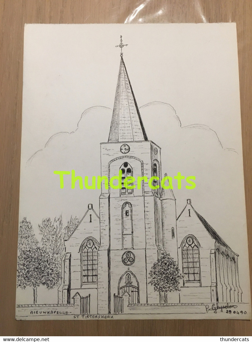 ORIGINELE GROTE TEKENING DOOR PAUL GHYSELEN GHIJSELEN 1990 NIEUWKAPELLE ST PIETERSKERK - Dessins