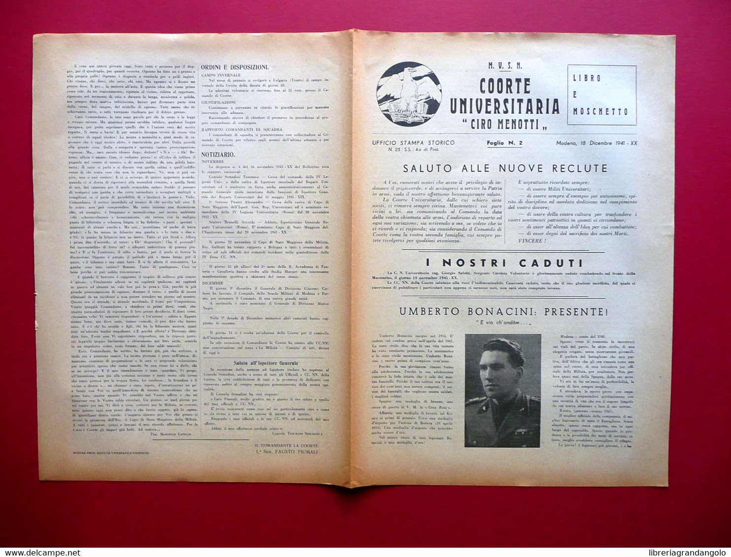 MVSN Coorte Universitaria Ciro Menotti Foglio Numero 2 Modena 18/12/1941 WW2 - Non Classificati