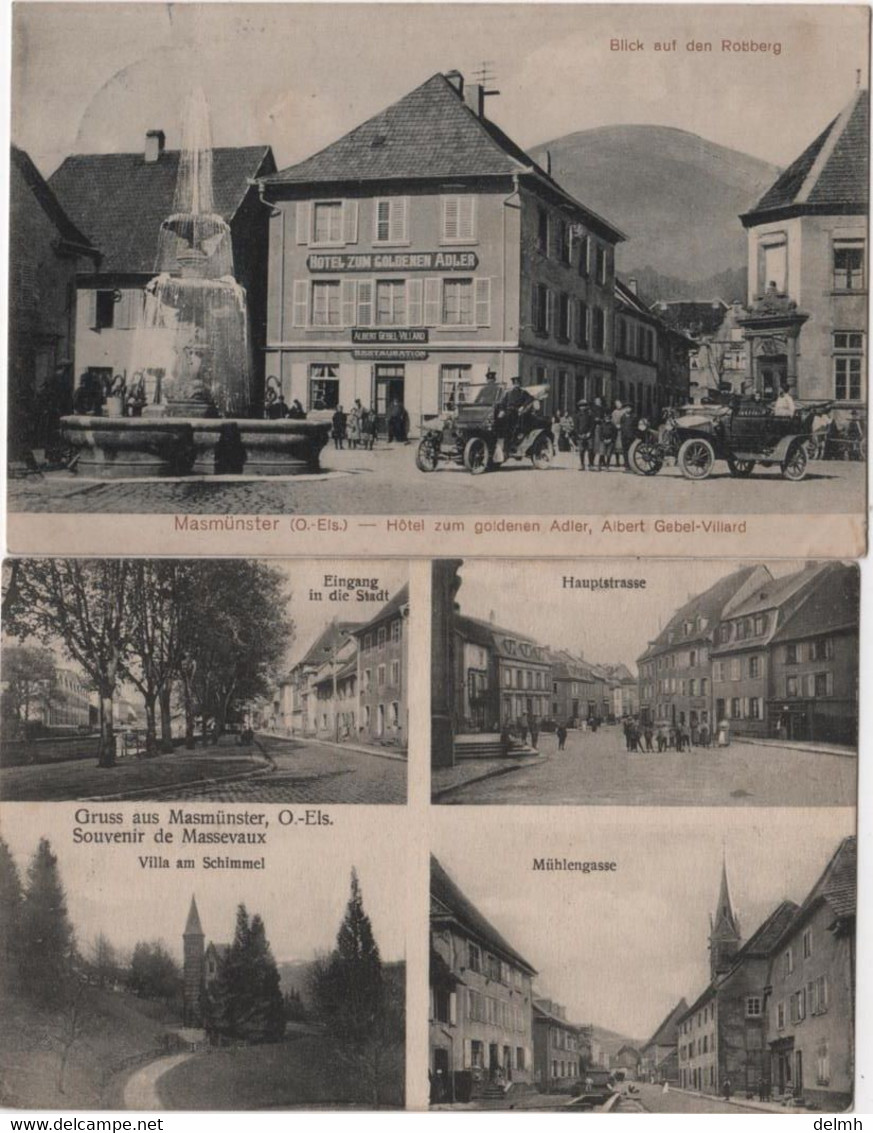 Lot De 2 CPA MASMUNSTER MASSEVAUX Gruss Multivues Et Hôtel Zum Goldenen Restaurant Adler Albert Gebel Villard Auto - Masevaux