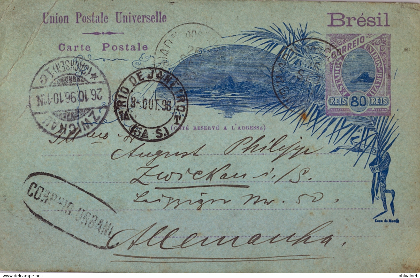 1896 BRASIL , ENTERO POSTAL CIRCULADO , RIO DE JANEIRO - ZWICKAU , MARCA OVAL " CORREIO URBANO " , LLEGADA - Covers & Documents