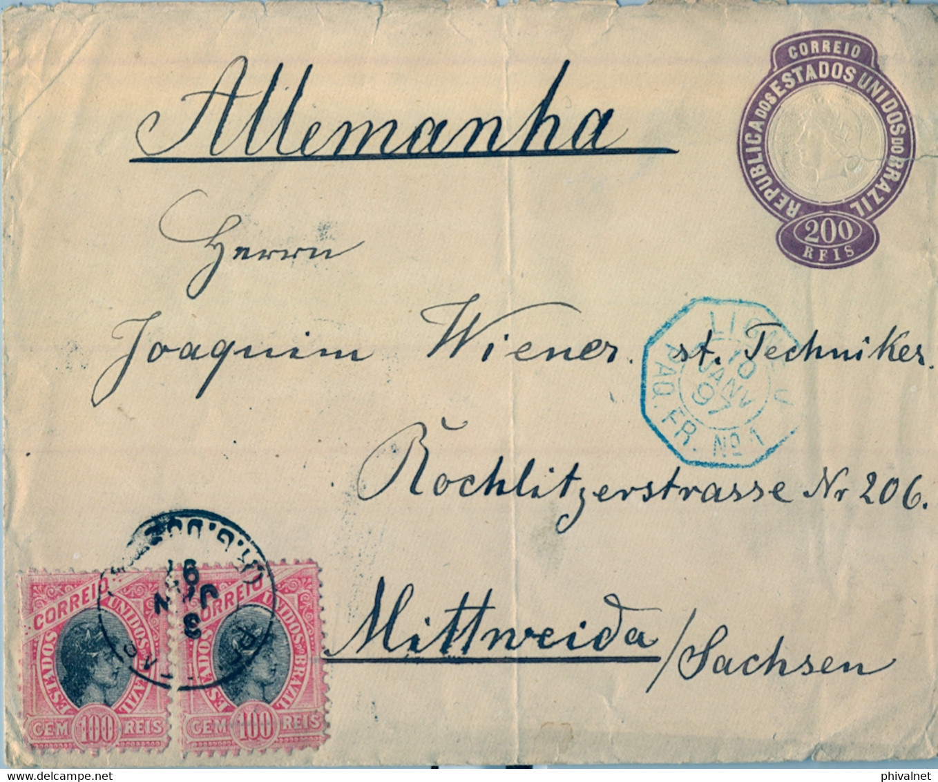 1897 , BRASIL - SOBRE ENTERO POSTAL CIRCULADO , PELOTAS / RIO GRANDE DO SUL - MITTWEIDA , PAQUEBOT  FRANCES , LLEG - Brieven En Documenten