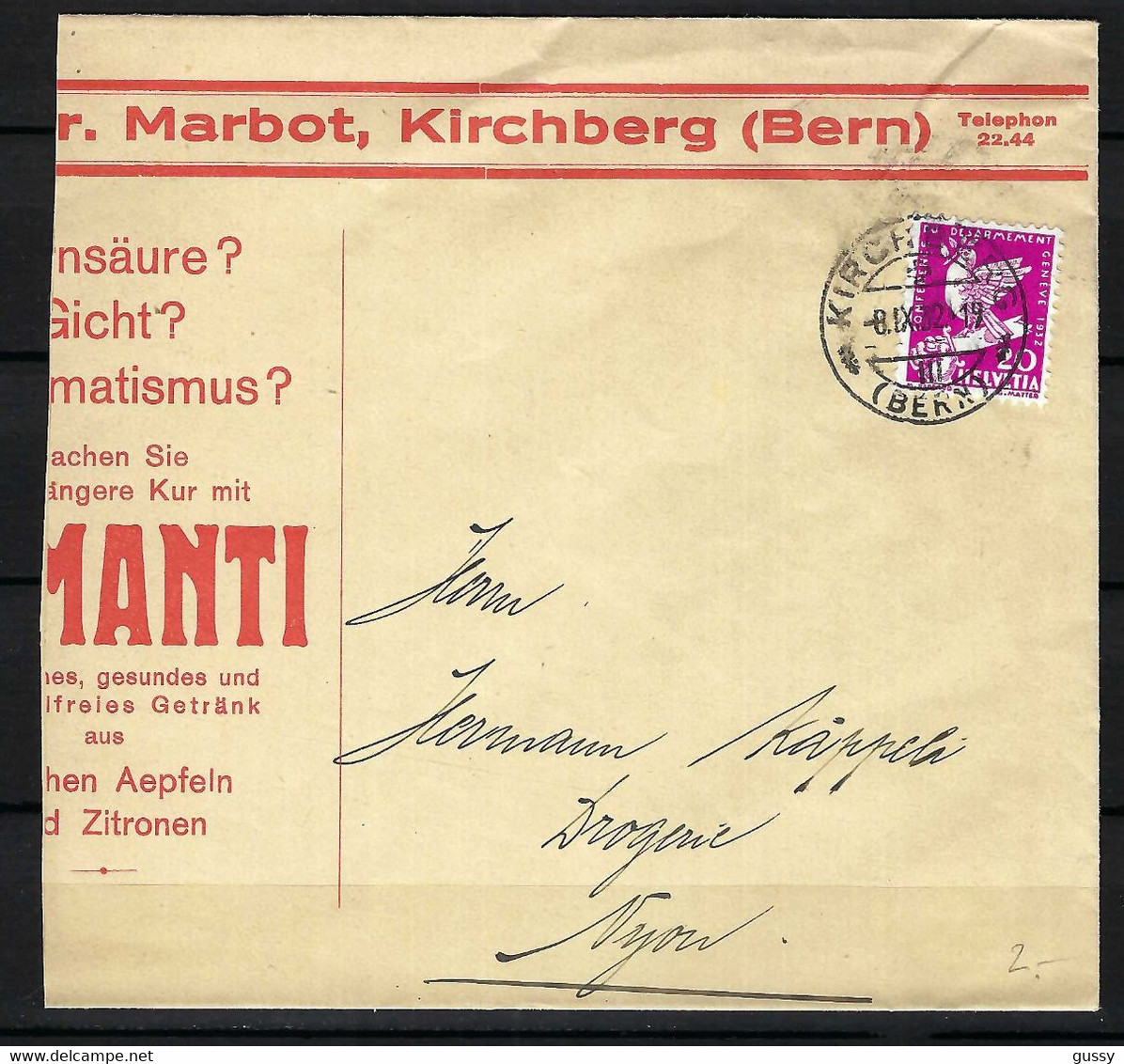 SUISSE 1932: LSC Partielle De Kirchberg Pour Nyon Avec Le ZNr.187, Obl. CAD - Cartas & Documentos