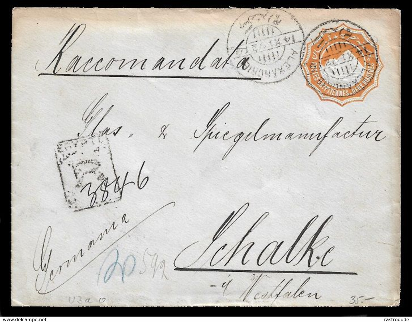 1892 - EGYPT 2Pi  REGISTERED POSTAL STATIONERY ENVELOPE U3a ALEXANDRETTA To SCHALKE, GERMANY - 1866-1914 Khédivat D'Égypte