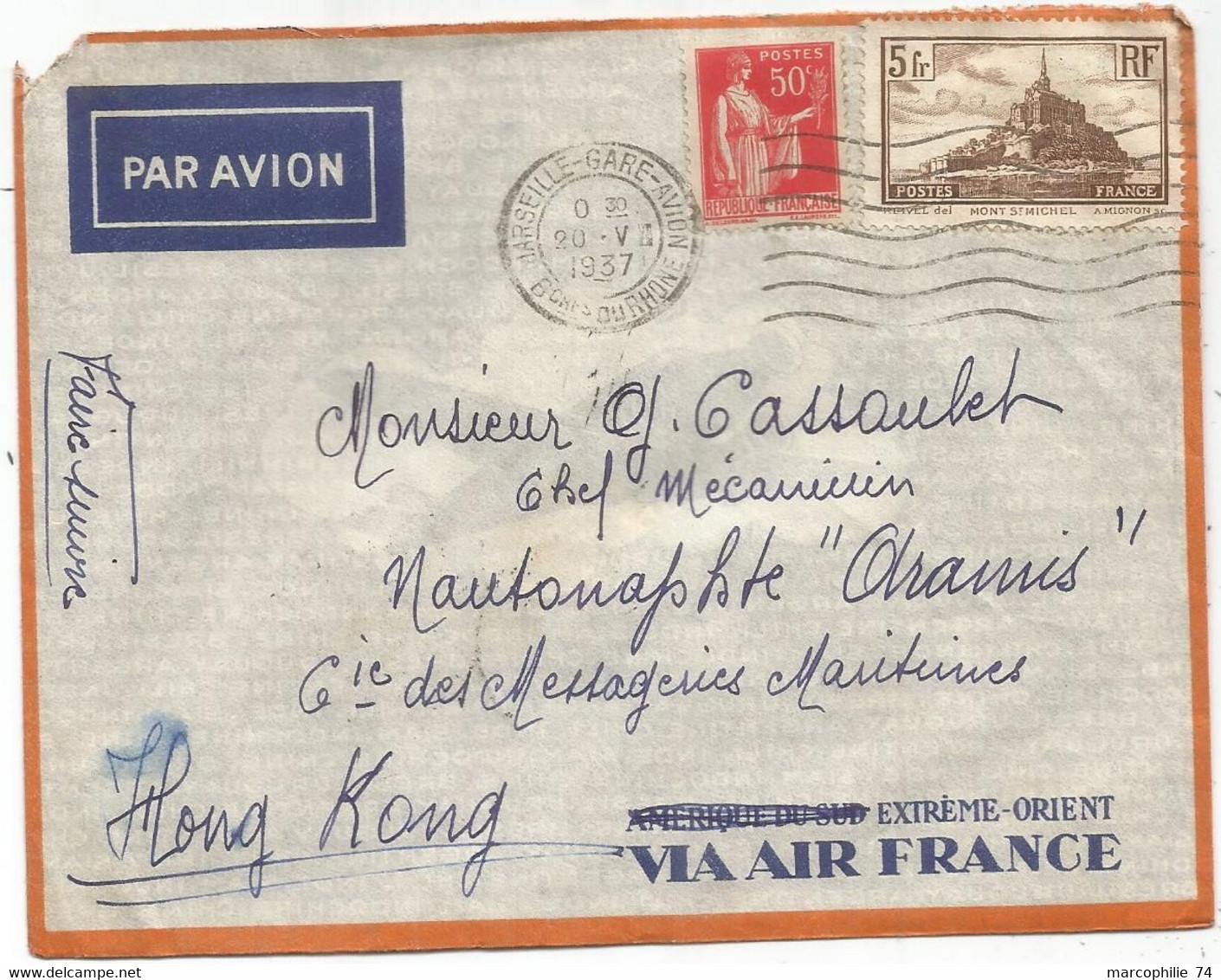 N° 260+283  LETTRE COVER AVION MARSEILLE GARE AVION 20.V.1937 TO HONG KONG VIA CANTON CHINA - 1921-1960: Modern Period