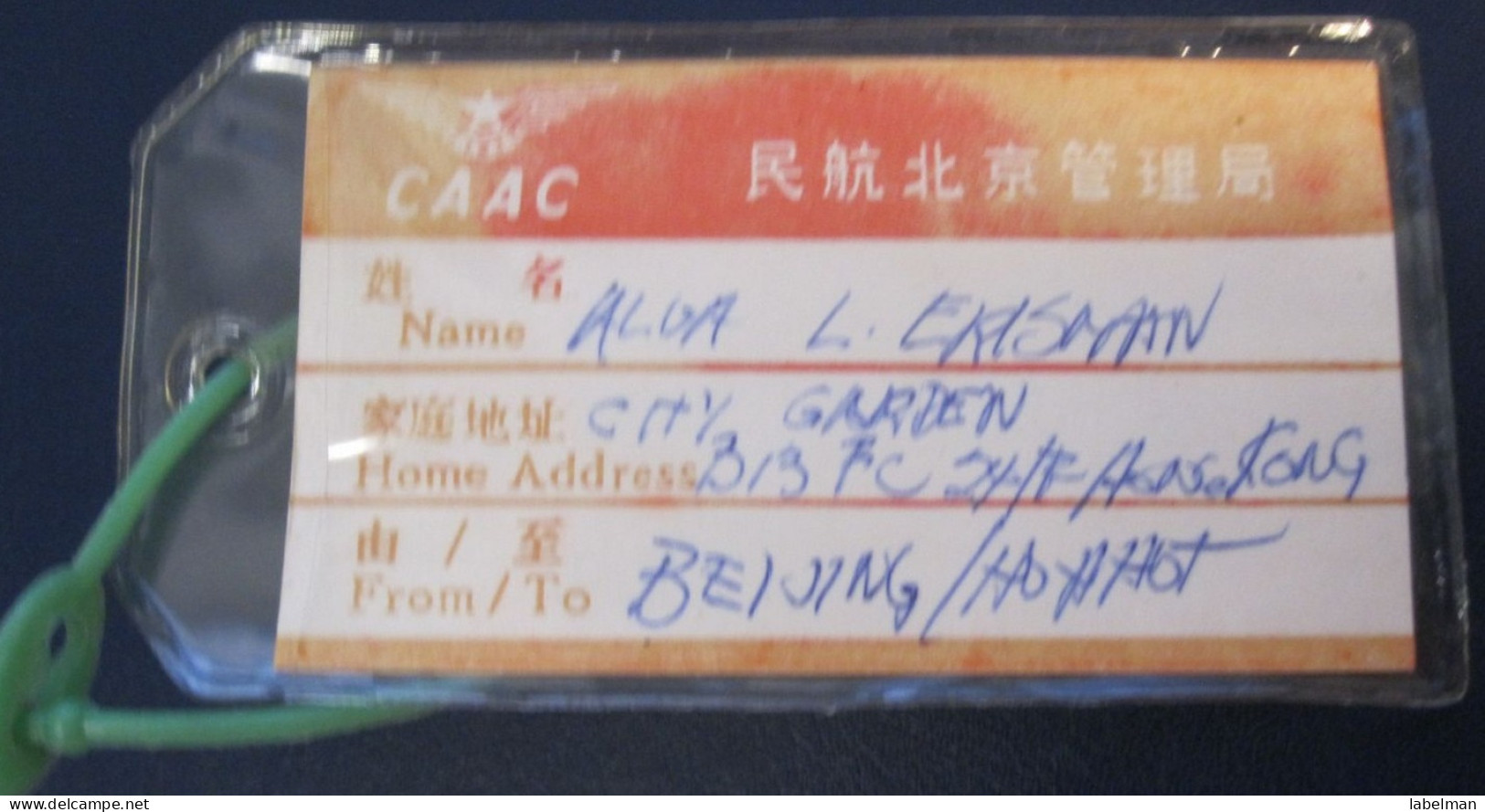 CAAC CHINA REPUBLIC AIRLINE TAG STICKER LABEL TICKET LUGGAGE BUGGAGE PLANE AIRCRAFT AIRPORT - Étiquettes à Bagages