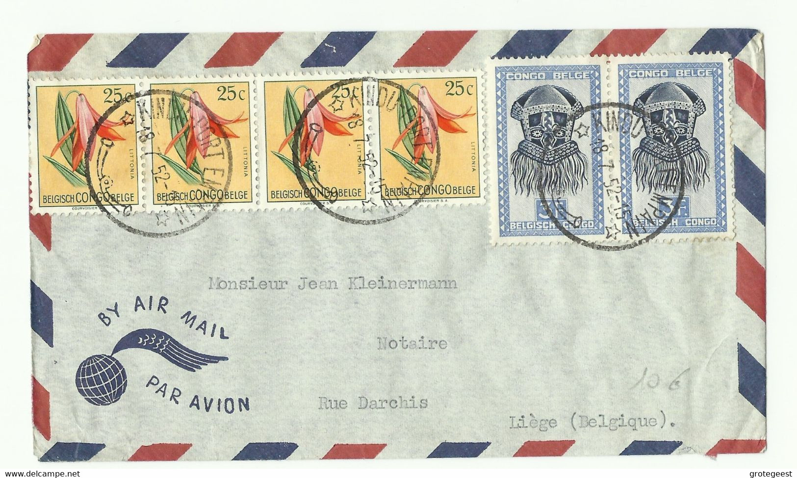 Lettre Par Avion De KINDU PORT EMPAIN Le 18-7-1952 Vers Liège - 16305 - Cartas & Documentos