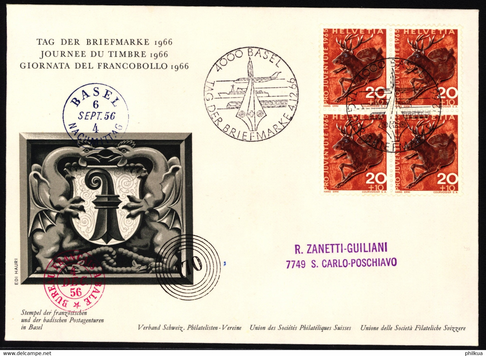J212 Edelhirsch Auf Ofiziellem Sonderumschalg "Tag Der Briefmarke" Mit Stempel Tag Der Briefmarke 1966 - BASEL - Giornata Del Francobollo