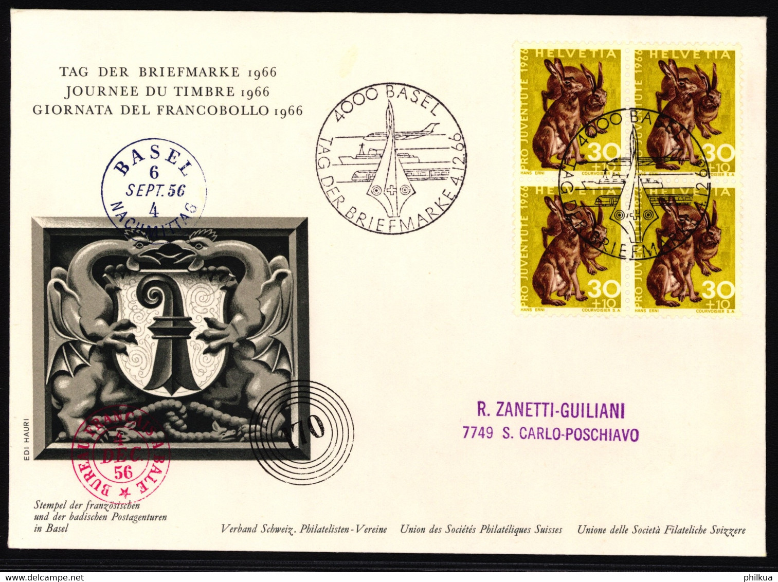 J218 Feldhase Auf Ofiziellem Sonderumschalg "Tag Der Briefmarke" Mit Stempel Tag Der Briefmarke 1966 - BASEL - Giornata Del Francobollo
