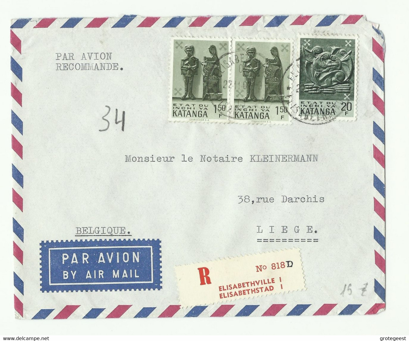 Lettre Par Avion Et Recommandée De ELISABETHVILLE 1 Le 22-11-1961 Vers Liège - 16310 - Katanga