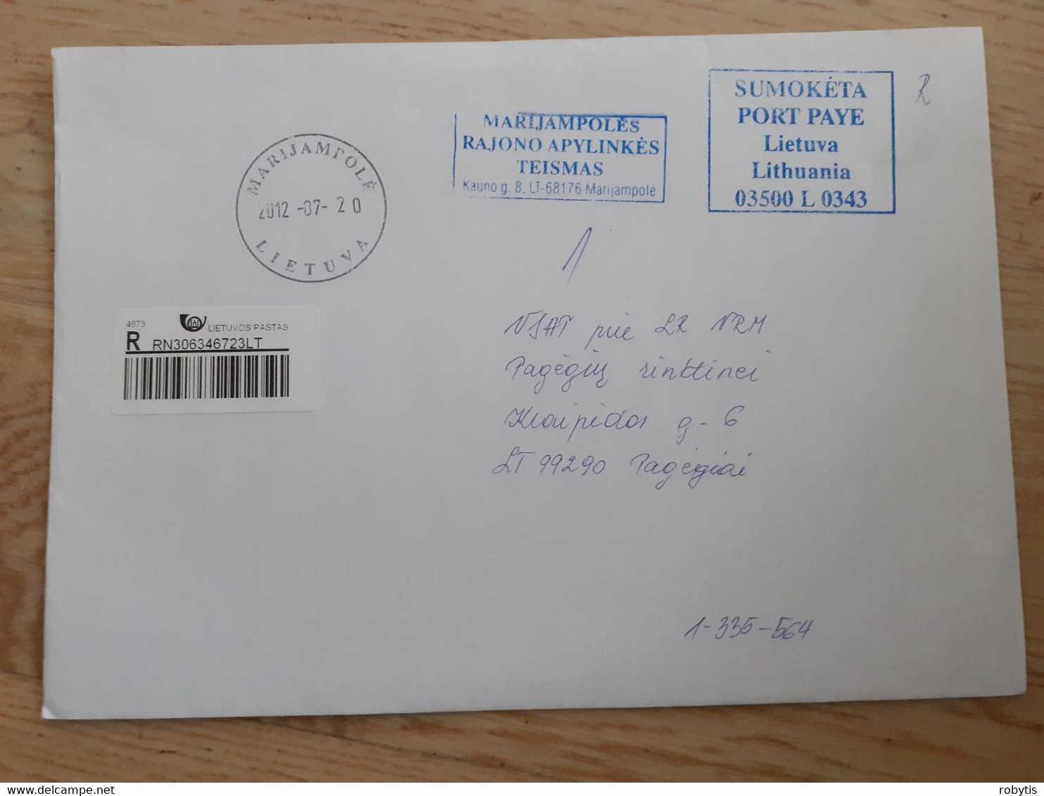 Lithuania Litauen Cover Sent From Marijampole To Pagegiai  2012 Port Paye - Lituanie