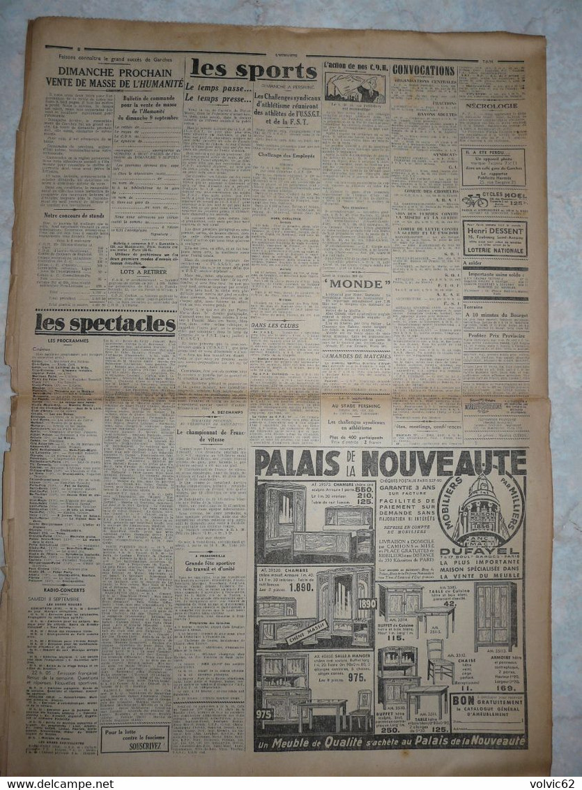 Journal Humanité Parti Communiste 7 Septembre 1934 Fascisme Tunisie Troyes Plovdiv Grévistes Américains Tués - Sonstige & Ohne Zuordnung