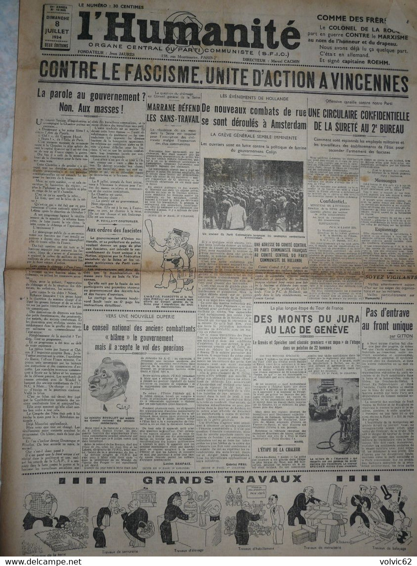 Journal Humanité Parti Communiste 8 Juillet 1934 Action Fascisme Vincennes Amsterdam Tour De France Kalinine - Sonstige & Ohne Zuordnung