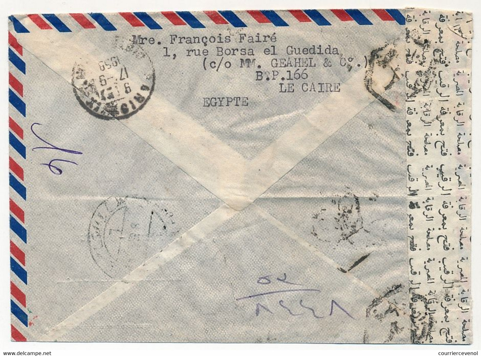 EGYPTE - Enveloppe Affr Composé Du Caire - 1959 - Bande Et Cachets De Censure - Storia Postale