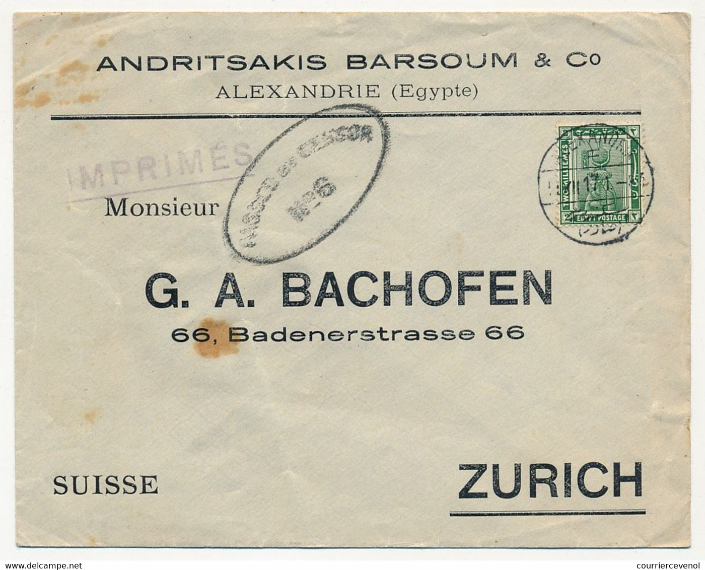 EGYPTE - Enveloppe En Tête "Andritsakis Barsoum & Co Alexandrie" Affr 1917 - Censure Anglaise Passed By Censor N°6 - 1915-1921 Protectorat Britannique