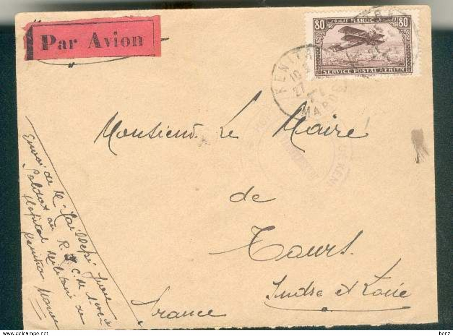 MAROC MOROCCO  Lettre Par Avion Kenitra Pour Tours 1927 TB - Other & Unclassified