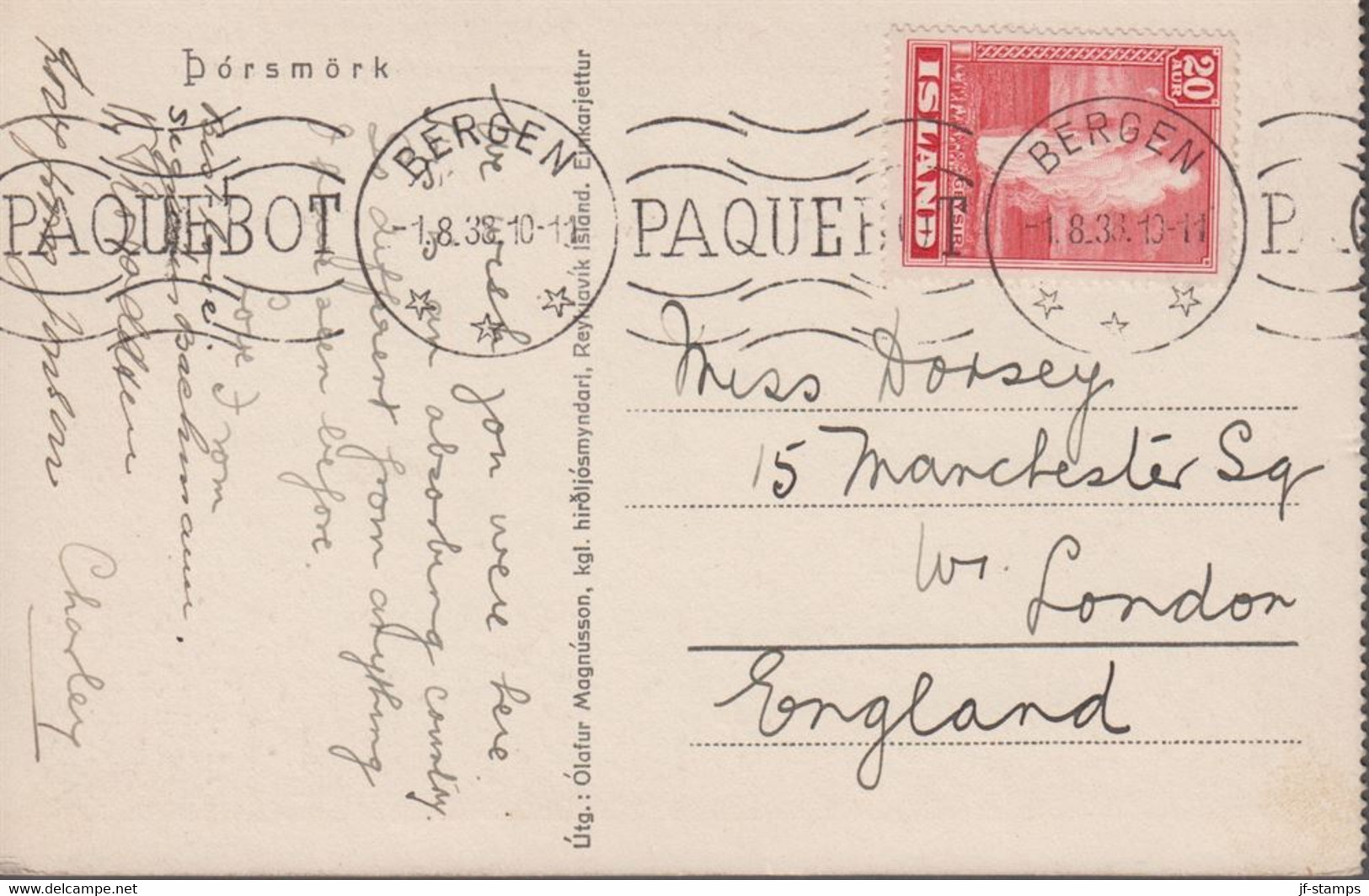 1938. ISLAND. 20 Aur GEYSIR On Ship Mail Post Card (Torsmörk) To London Cancelled Paq... () - JF366955 - Brieven En Documenten