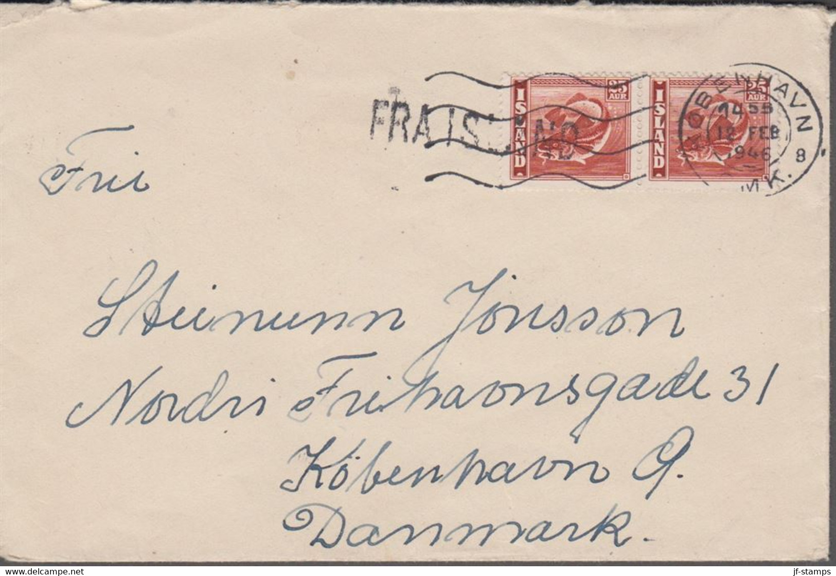 1946. ISLAND. 2 Ex 25 Aur Fish On Ship Mail Cover To København Cancelled FRA ISLAND +... () - JF366962 - Lettres & Documents