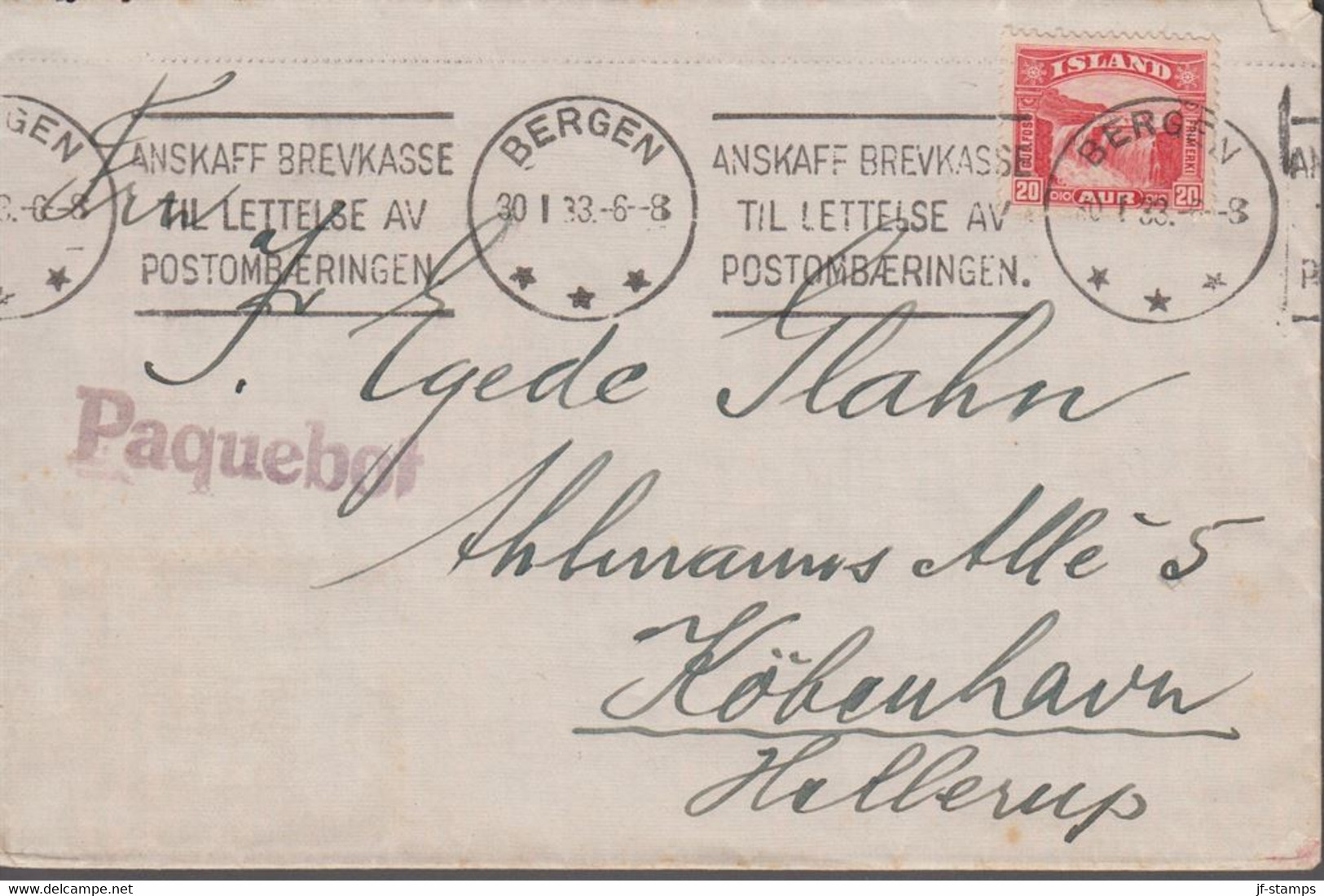 1933. ISLAND. 20 Aur GULLFOSS On Ship Mail Cover To Hellerup, Danmark Cancelled Paque... () - JF366966 - Lettres & Documents