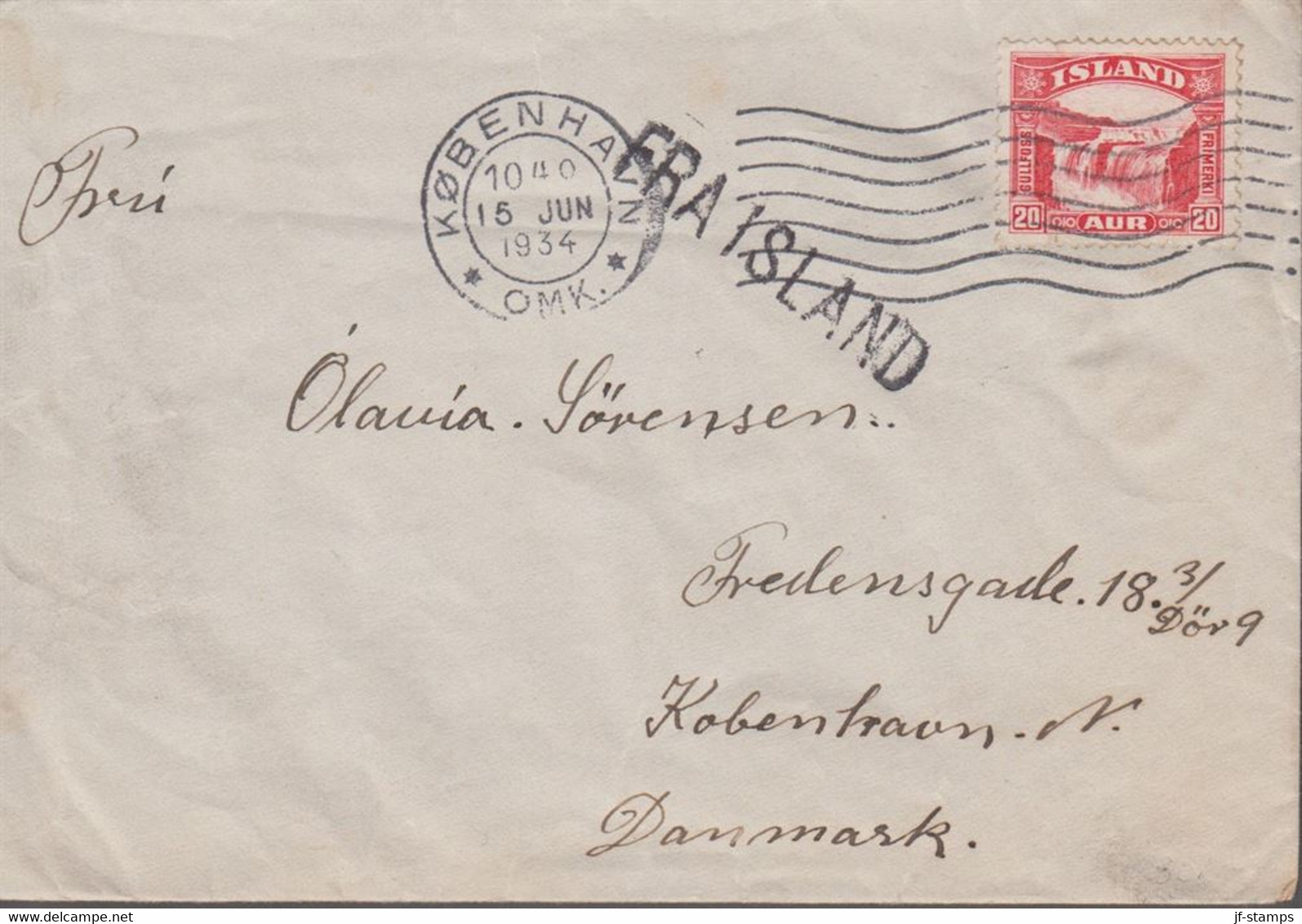 1934. ISLAND. 20 Aur GULLFOSS On Ship Mail Cover To København Cancelled FRA ISLAND + ... () - JF366967 - Covers & Documents