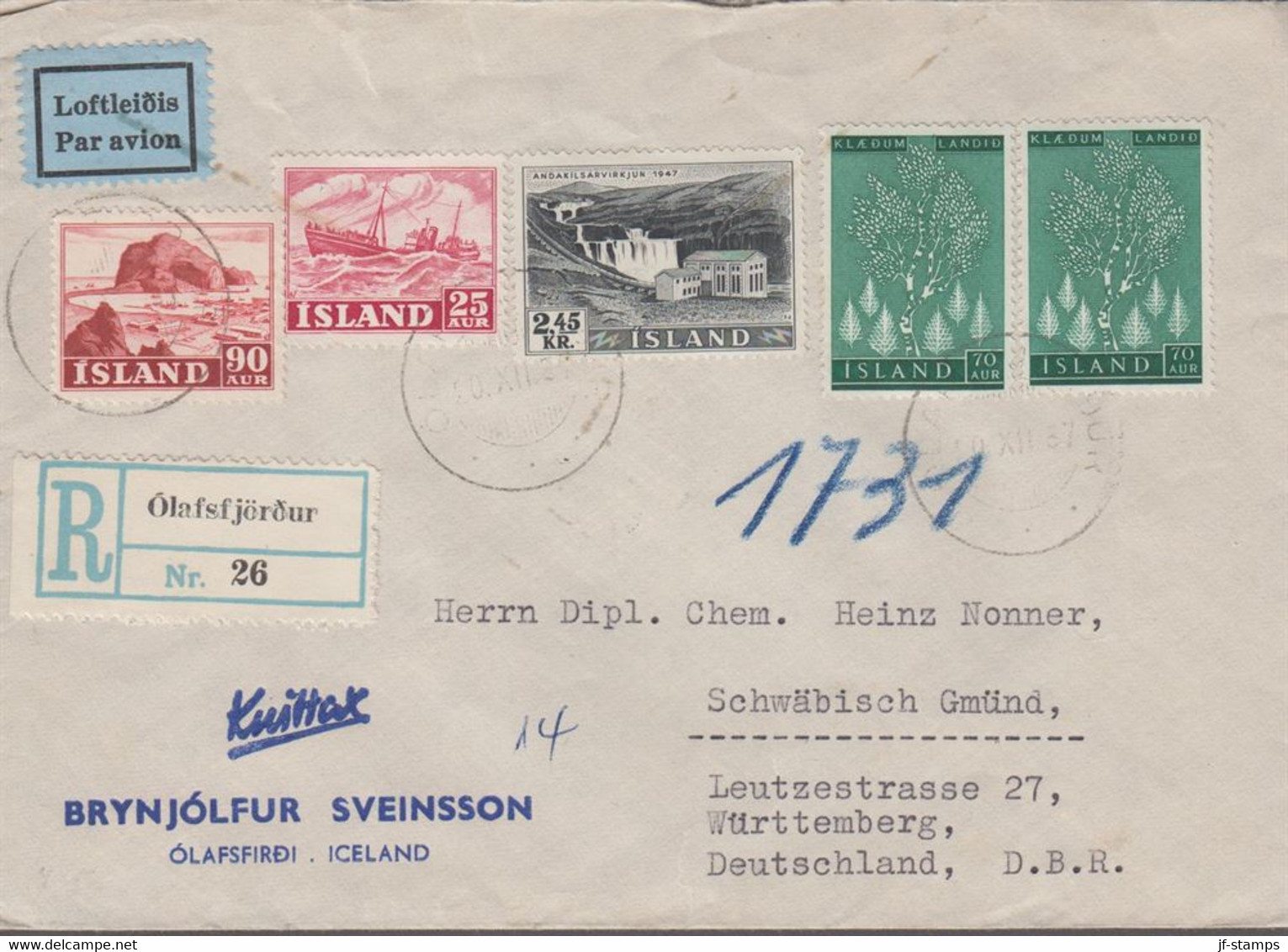 1957. ISLAND. ANDAKILSARVIRKJUN 2,45 Kr + 2 Ex 70 Aur, 25 + 90 Aur On Reg-cover To Wü... (Michel 308+) - JF366971 - Storia Postale