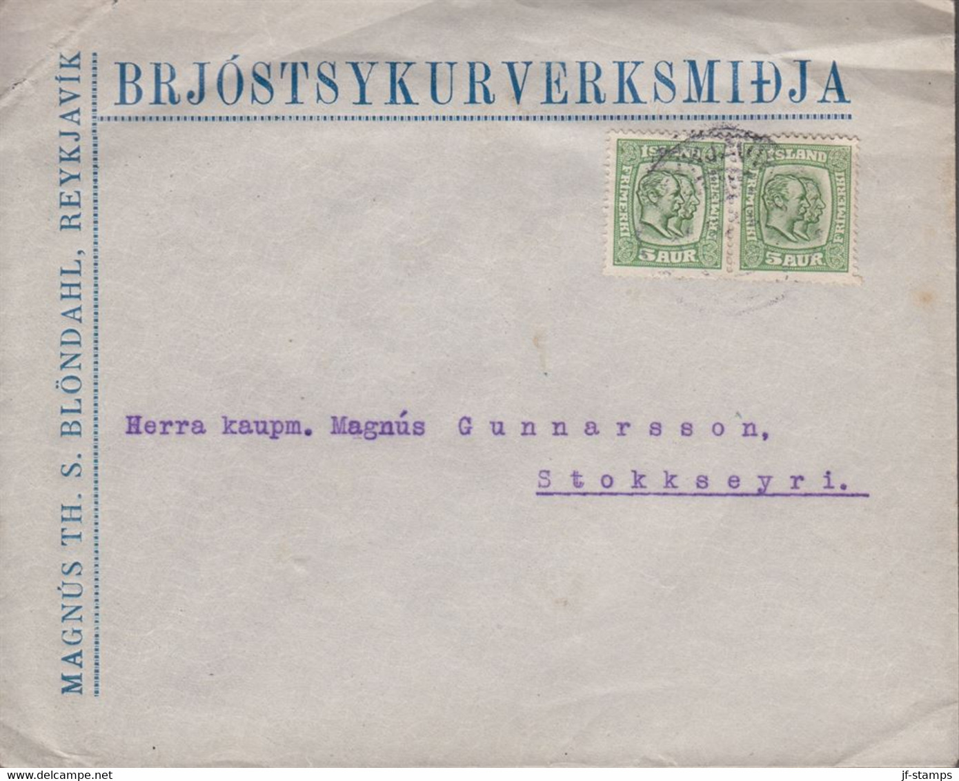 1915. ISLAND. Two Kings.__ Pair 5 Aur Green. Perf. 14x14½, Wm. Cross. On Very Interes... (Michel 79) - JF366984 - Storia Postale