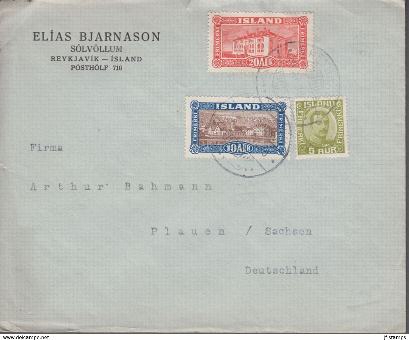 1930 ISLAND. 20 + 10  AUR REYKJAVIK + 5 AUR Christian X To Plauen, Sachsen From REYKJ... () - JF366989 - Lettres & Documents