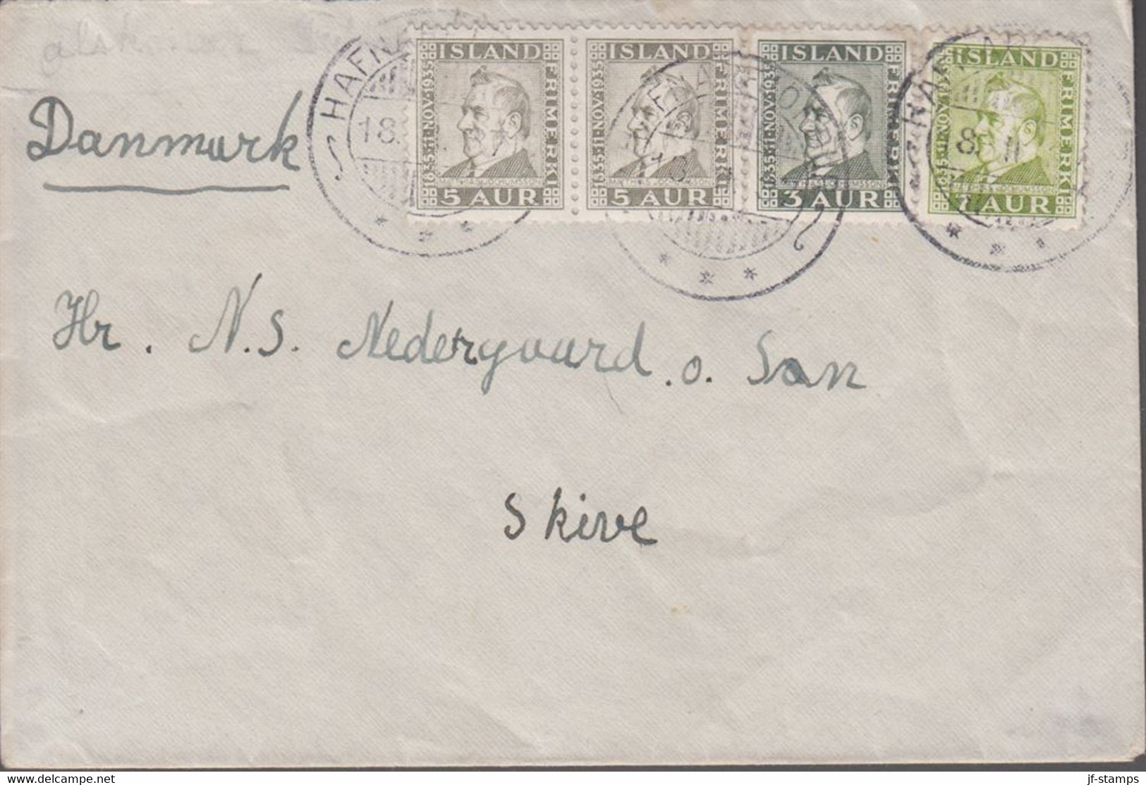 1937. ISLAND. 3 + 2 Ex 5 + 7 Aur JOCHUMSSON On Small Cover To Skive Cancelled HAFNAFJ... () - JF366991 - Brieven En Documenten