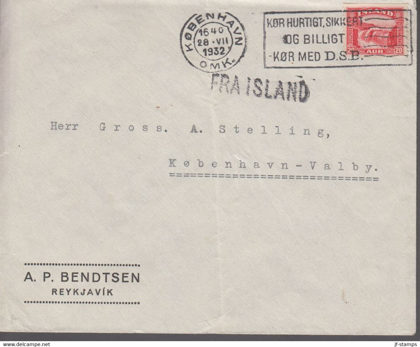 1932. ISLAND. 20 Aur GULLFOSS With Slot-machine Cancellation On Ship Mail Cover To Kø... () - JF366996 - Lettres & Documents