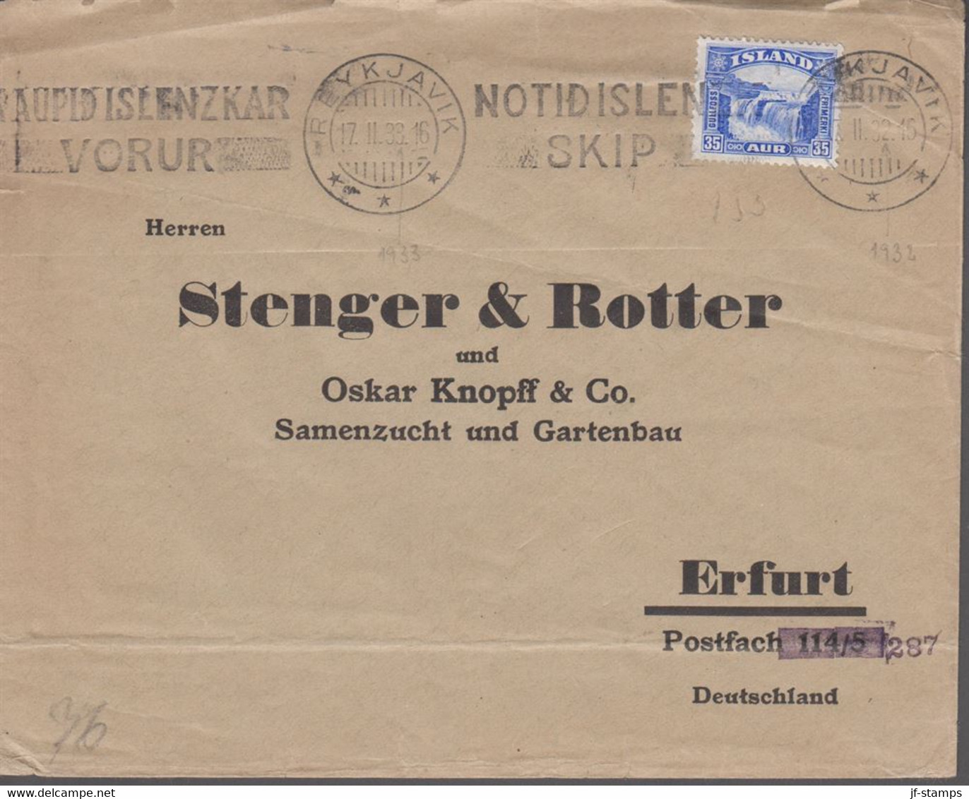 1931. ISLAND. Gullfoss. 35 Aur Blue Single On Cover To Erfurt, Deutschland. Very Inte... (Michel 152) - JF366997 - Storia Postale