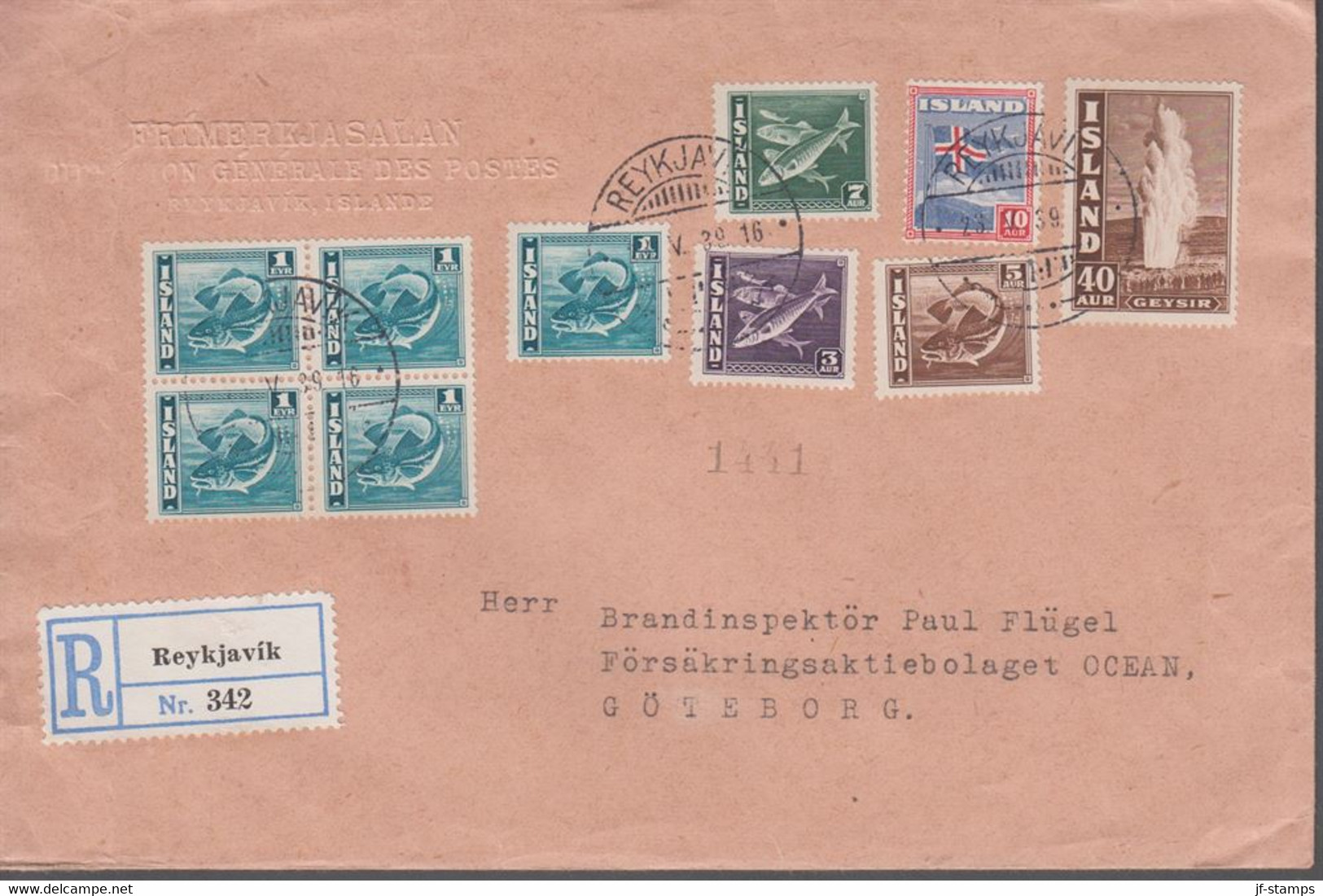 1939. ISLAND. Geysir.__ 40 Aur Brun + 5 Ex 1 EYR, 3 Aur, 5 Aur, 7 Aur, 10 Aur On Reg ... (Michel 213A) - JF367000 - Storia Postale