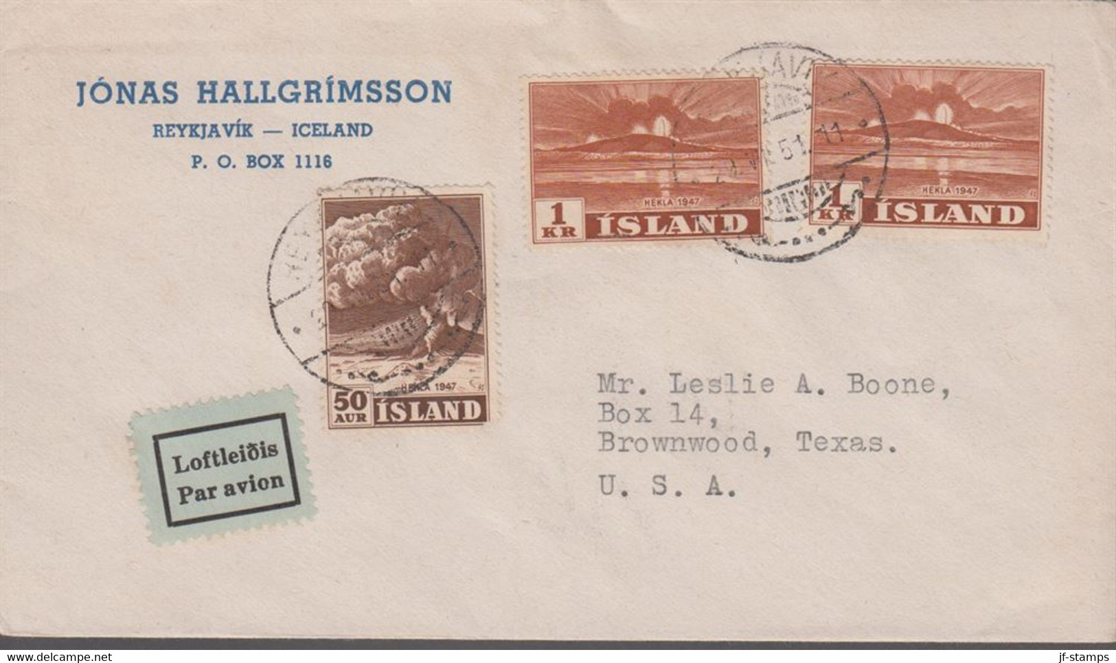 1948. ISLAND. Volcano Hekla. 50 Aur + 2 Ex 1 Kr. On Cover To Brownwood, Texas, USA Fr... (Michel 252+) - JF367004 - Covers & Documents