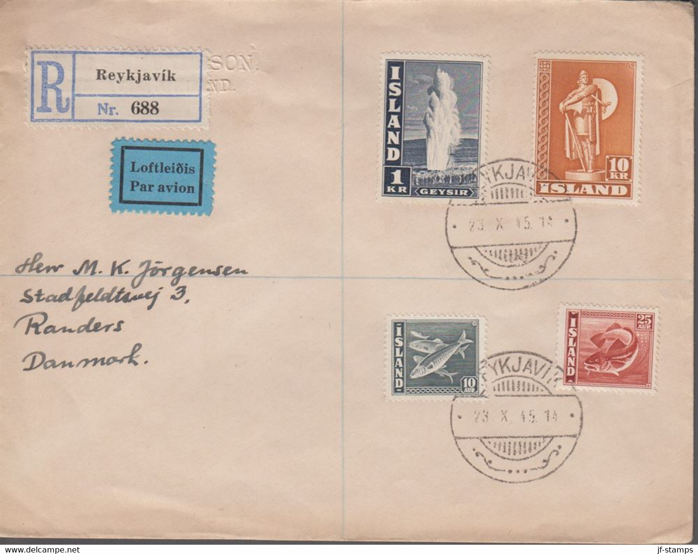 1945. Thorfinnur Karlsefni. 10 Kr. Orangebrown. Perf. 14 + 1 Kr. Geysir, 10 + 25 Aur ... (Michel 240A+) - JF367008 - Covers & Documents