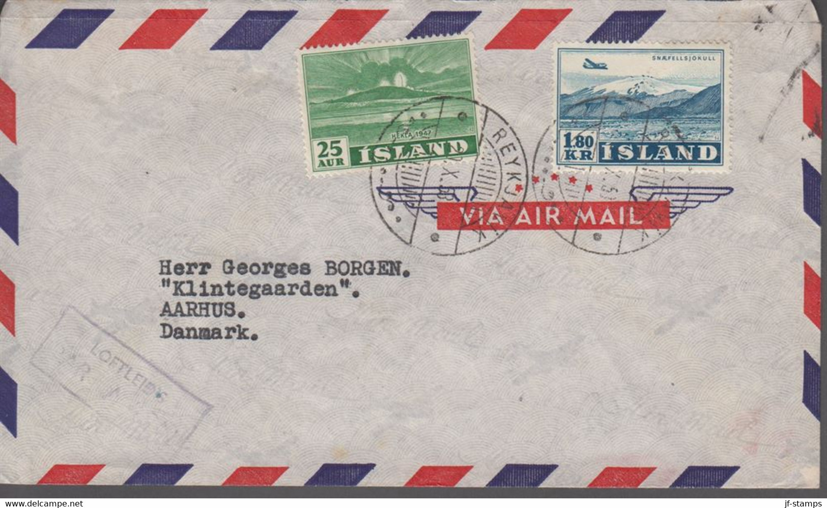 1952. ISLAND. Airmail. 1,80 Kr. + 25 AUR HEKLA. On AIR MAIL Cover To Aarhys, Danmark ... (Michel 278+) - JF367011 - Brieven En Documenten