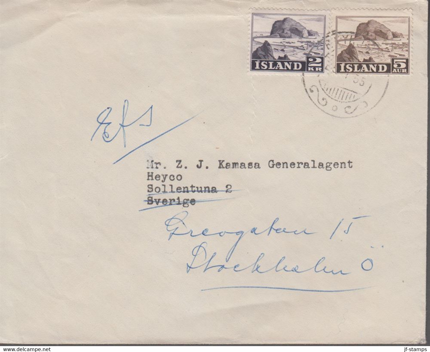 1950. Work And Views. 2 Kr. + 5 Aur On Cover To Sweden From REYKJAVIK 5.1.55. (Michel 269+) - JF367014 - Lettres & Documents