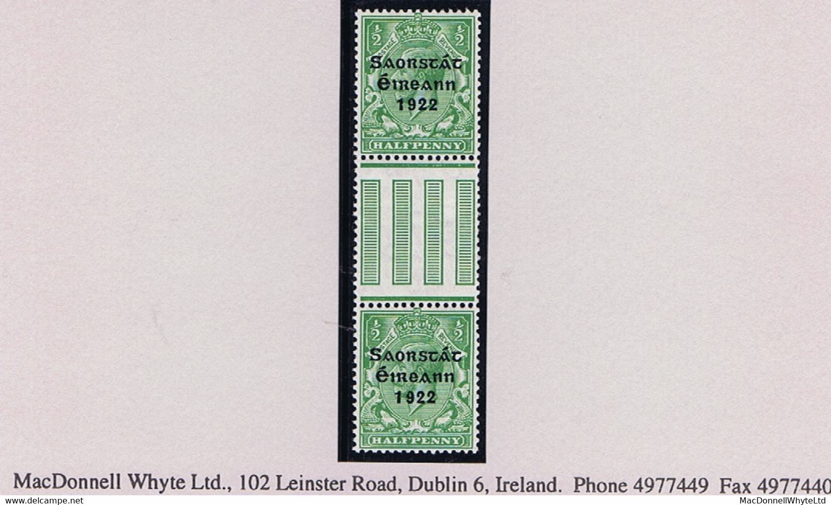 Ireland 1922-23 Thom Saorstat ½d Green Gutter Pair Fresh Mint Unmounted, Folded. - Unused Stamps