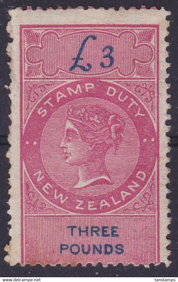 NEW ZEALAND 1871 REVENUE £3 SHORT TAIL QV STAMP DUTY MH OG. - Neufs