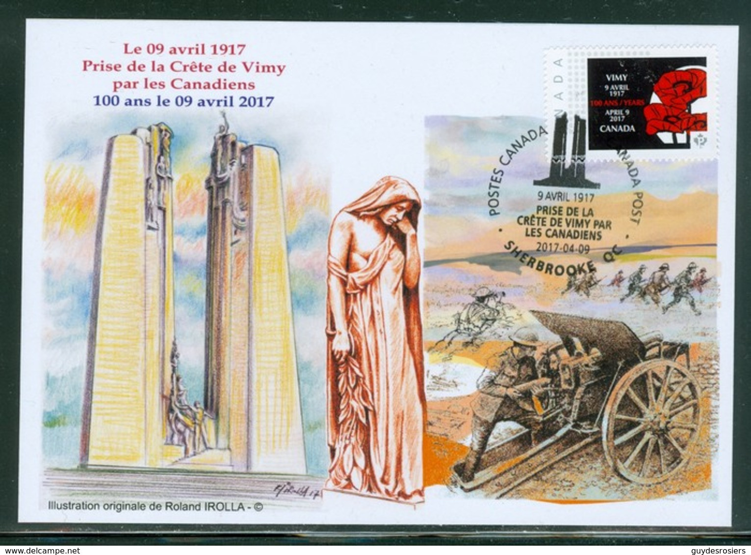 Vimy 9 Avril 1917 - 100 Ans / Years. Prise De La Crête De Vimy; Dessin M. Roland Irolla  Carte Maximum Card.(6343) - Maximum Cards