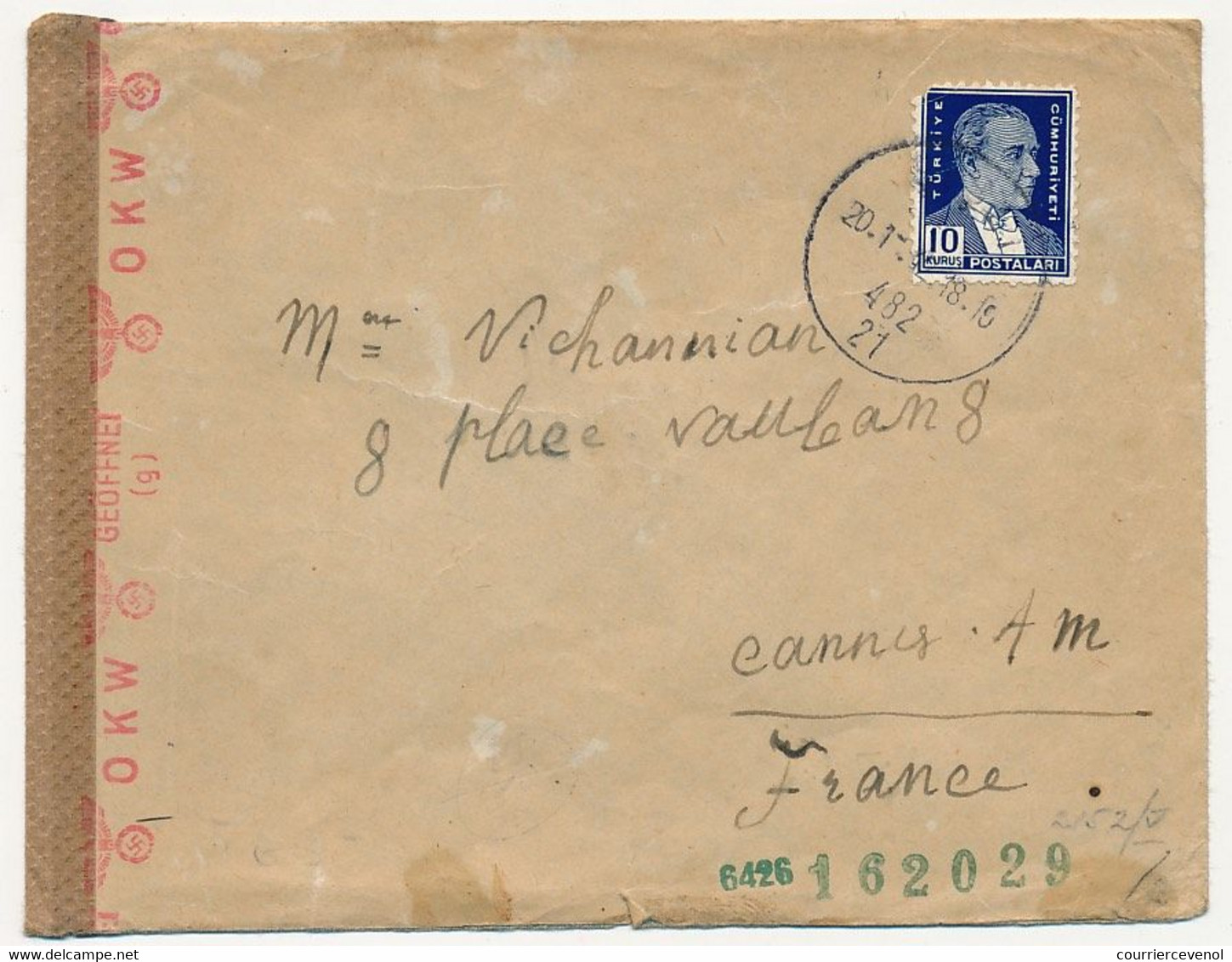 TURQUIE - Enveloppe Pour Cannes (France) 1942 Censure OKW Commission G - Briefe U. Dokumente