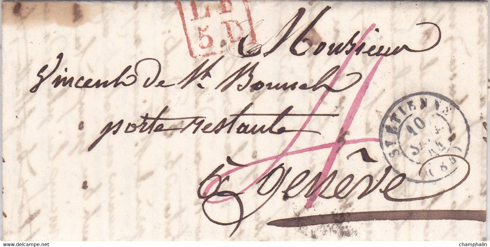 LAC De Saint-Etienne (42) Pour Genève (Suisse) - 9 Septembre 1844 - CAD Type 15 + TM 4 Rouge + Cachet LF5D + Vernex - 1801-1848: Precursors XIX