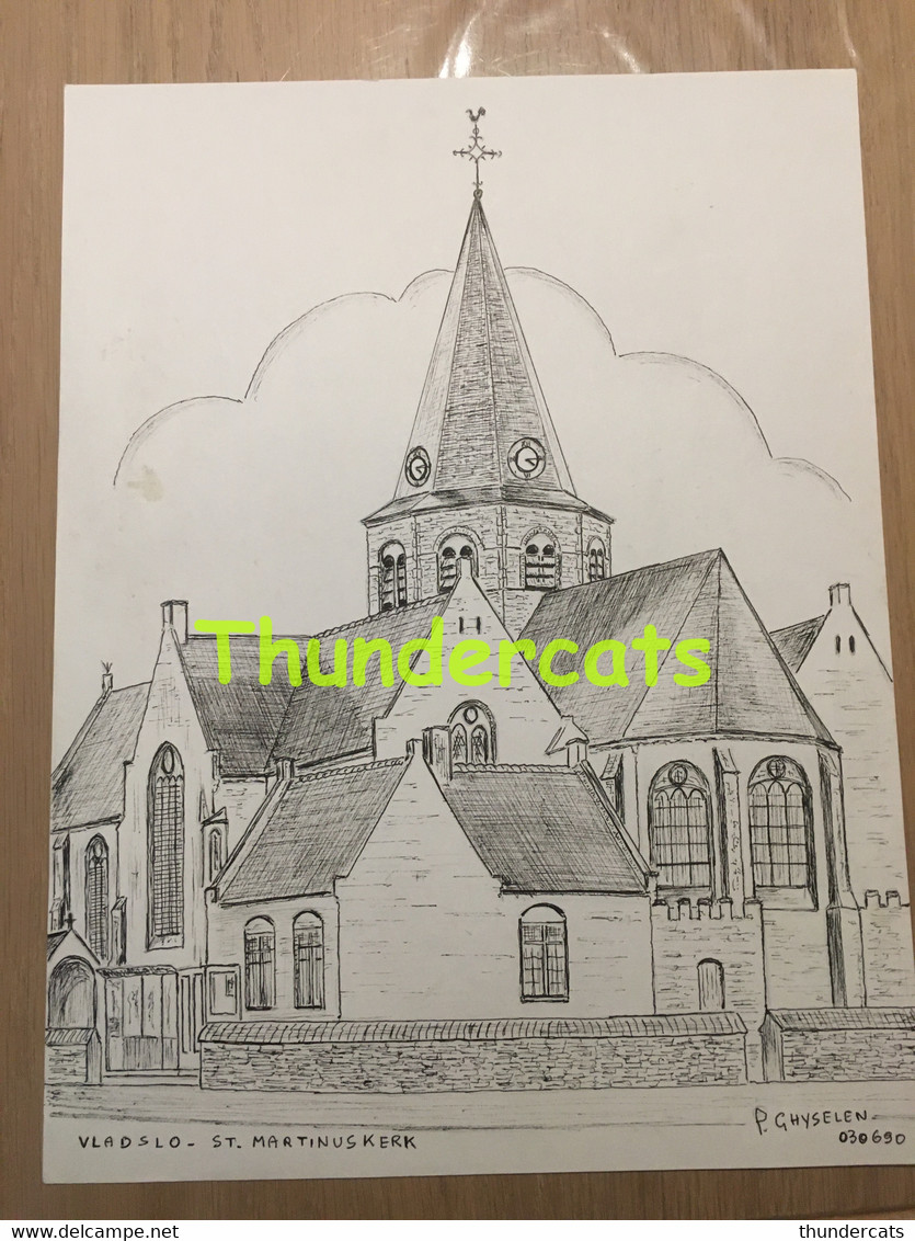 ORIGINELE GROTE TEKENING DOOR PAUL GHYSELEN GHIJSELEN 1990 VLADSLO ST MARTINUSKERK - Dessins