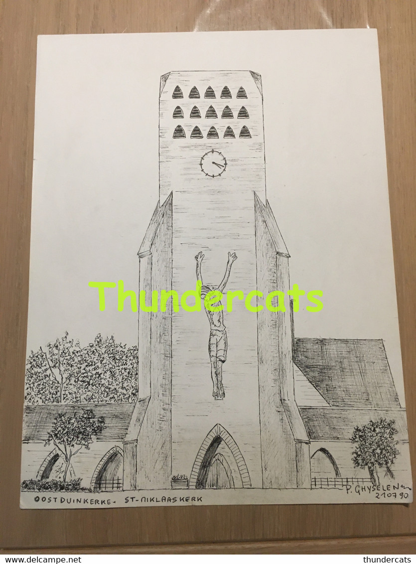 ORIGINELE GROTE TEKENING DOOR PAUL GHYSELEN GHIJSELEN 1990 OOSTDUINKERKE ST NIKLAASKERK - Dessins