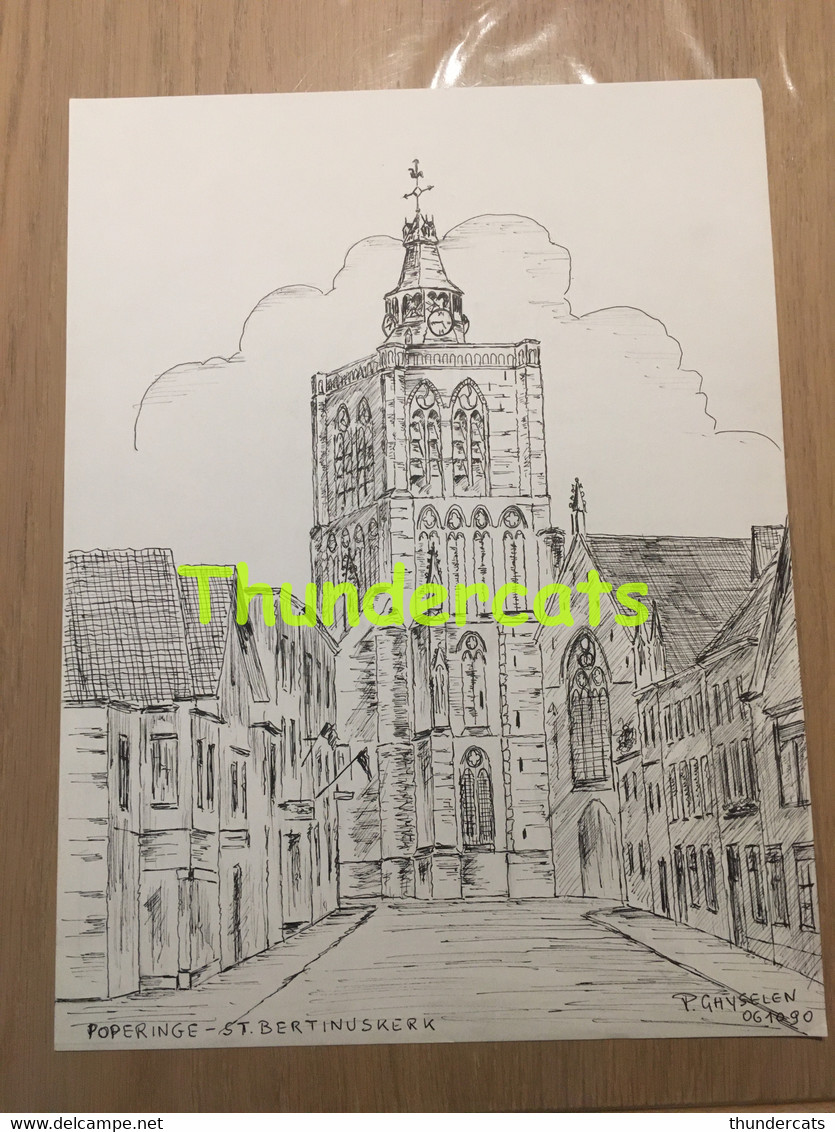 ORIGINELE GROTE TEKENING DOOR PAUL GHYSELEN GHIJSELEN 1990 POPERINGE ST BERTINUSKERK  POPERINGHE - Dessins