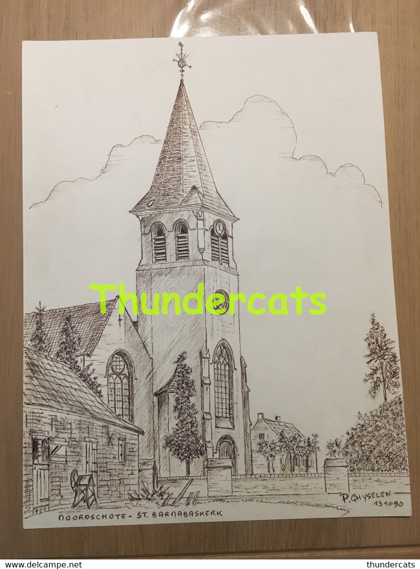 ORIGINELE GROTE TEKENING DOOR PAUL GHYSELEN GHIJSELEN 1990 NOORDSCHOTE ST BARNABASKERK - Dessins